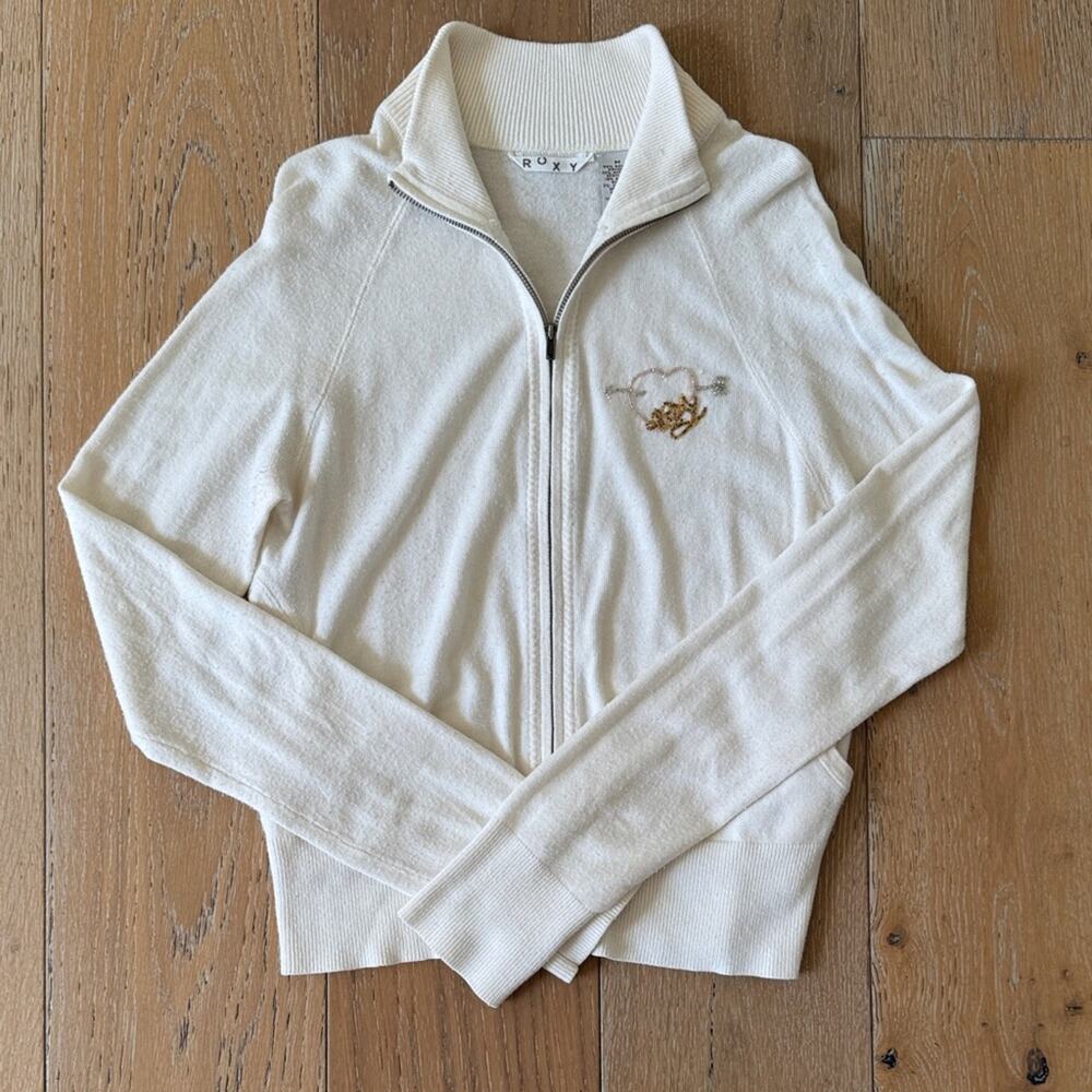 Roxy Y2K Cream Knit Zip Sweater Jacket Beaded Heart Size M
